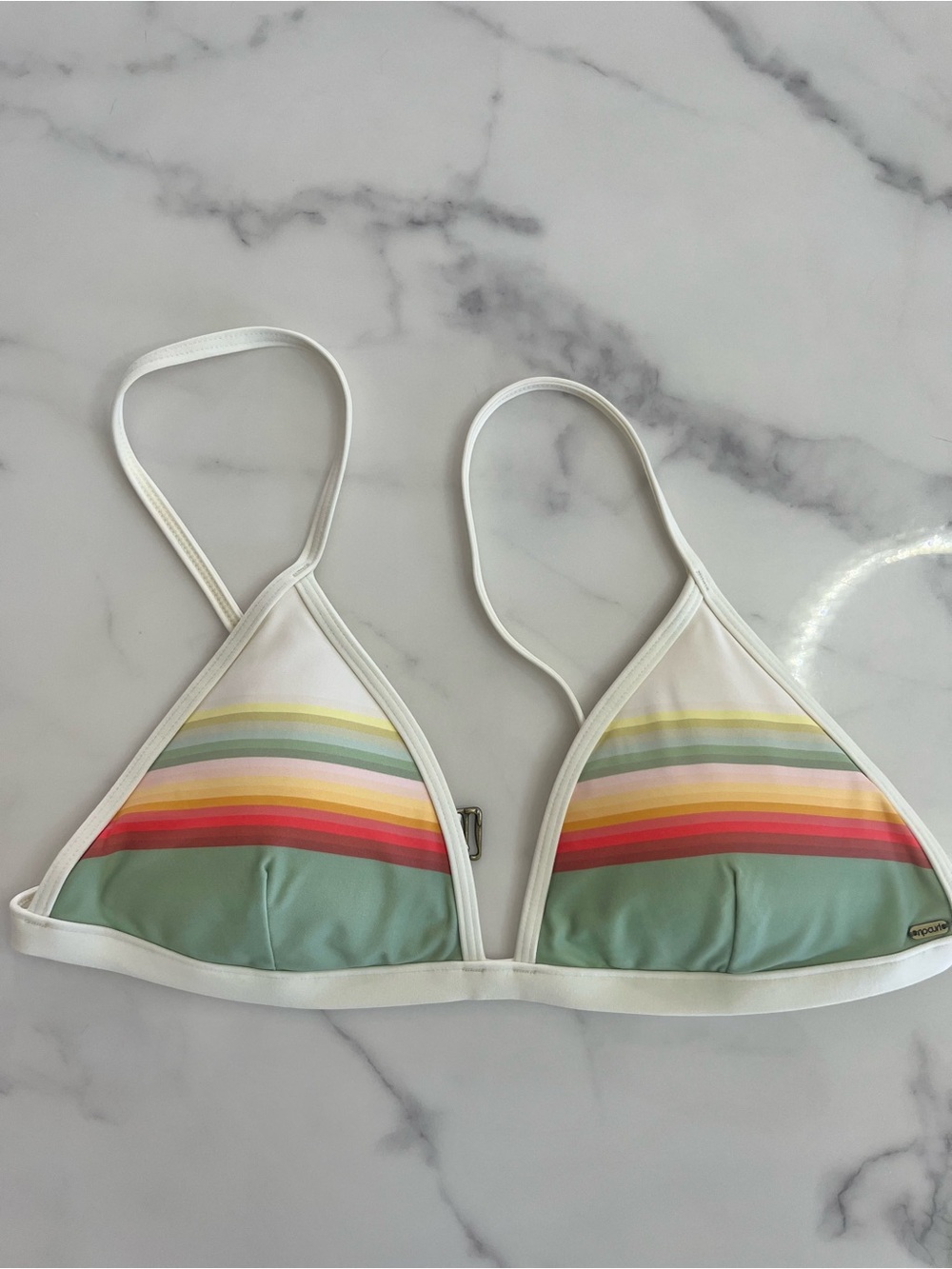 Rip Curl White Triangle Bikini Top with Pastel Rainbow Stripes